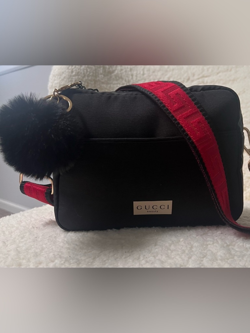 Upcycled Canvas Beauty Pouch to Crossbody with Crossbody Strap and Pom